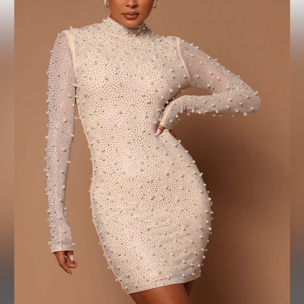 NEW WITH TAGS Fashion Nova Shayla Pearl Embellished Dress Size M